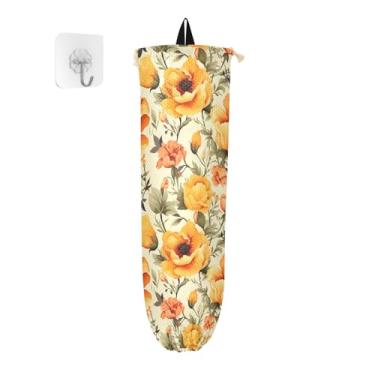 Imagem de Pacote com 2 porta-sacos plásticos vintage florais amarelas e laranjas, dispensador de recipiente de plástico, suporte de saco plástico para armário