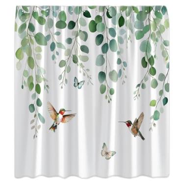 Imagem de Cortina de chuveiro folhas verdes sálvia eucalipto beija-flor aquarela planta primavera botânico pássaro borboleta natureza estética cortina de banho com ganchos, 187 x 178 cm