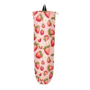 Imagem de Morangos maduros em uma parede de dispensador de sacolas de supermercado rosa, organizador de sacolas plásticas, organizador de sacolas para armazenamento de sacolas plásticas de cozinha, 1 pacote