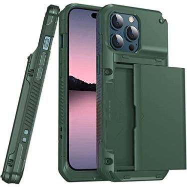 Imagem de XNWKF Capa para iPhone 14/14 Plus/14 Pro/14 Pro Max, capa carteira à prova de choque, com slot para suporte de cartão push-pull, capa anti-queda de quatro cantos de cor sólida com tudo incluído (cor: verde, tamanho: 14 6,1 polegadas)