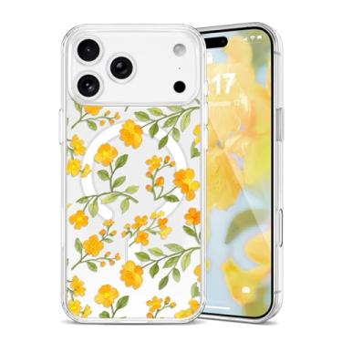 Imagem de EYZUTAK Capa magnética para iPhone 17 Pro com flores compatível com MagSafe, bonita floral elegante estética capa protetora fina transparente antiamarelamento para meninas e mulheres - amarelo