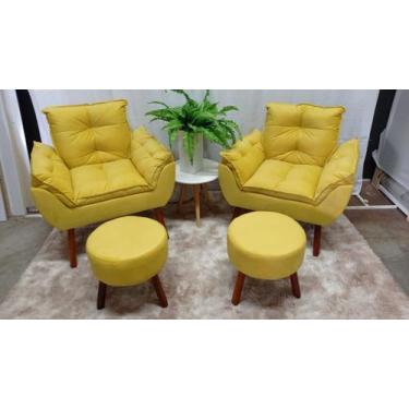 Imagem de Kit 02 Poltrona Opala Com fibra Siliconada + 02 puff redondo Suede Ama