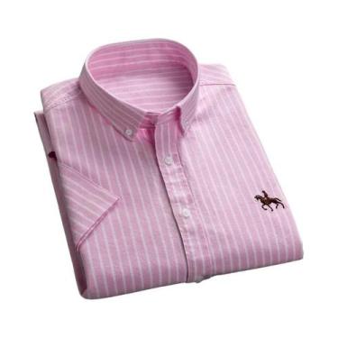 Imagem de Camisa Oxford Masculina De Manga Curta Em Algodão Puro Listrada Sólida
