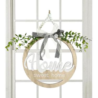 Imagem de Placa de boas-vindas para porta da frente, decoração de casa rústica redonda de madeira com folhas – placa de boas-vindas ao ar livre, para janela redonda, festa de aniversário, jardim, entrada