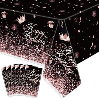 Imagem de LWYGEGJO Toalha de mesa de plástico ouro rosa preto (pacote com 6), 218 x 129 cm, capas de mesa para festa de aniversário com tema ouro rosa preto