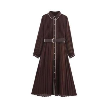 Imagem de Vestido Midi Maxi Feminino De Manga Longa Plissado Com Detalhes Em Cor