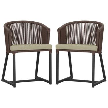 Imagem de 2 Cadeiras De Jantar Noronha Preta Corda Náutica E7 Trama Marrom