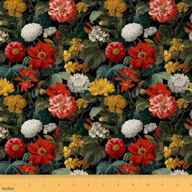 Imagem de Feelyou Groovy Floral Fabric by The Yard Botanical Floral Impresso Tecido de Estofamento Padrão Flores Flor Impermeável Decoração Interior Exterior Tema Natural 1 jarda Verde Escuro Cinza