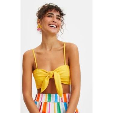 Imagem de Blusa cropped em linho com amarração no busto e lastex nas costas amar