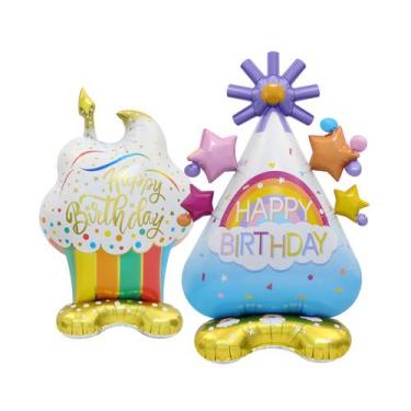 Imagem de Conjunto de balões de aniversário, cupcake de alumínio 4D e chapéu de 