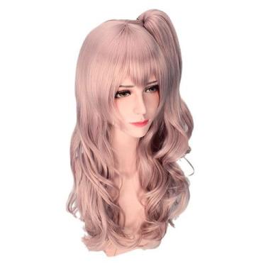 Imagem de Peruca de cosplay sintética de 60 cm de comprimento rosa com cachos e 