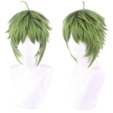 Imagem de Peruca de cosplay curta verde em camadas com ponta de cabelo em folha 