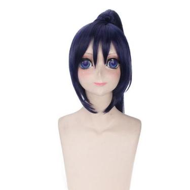 Imagem de Peruca de cosplay curta azul escuro com clipe de rabo de cavalo na par