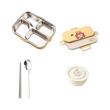 Imagem de Marmita De Aço Inoxidável Com 4 Compartimentos E Talheres, Recipiente 