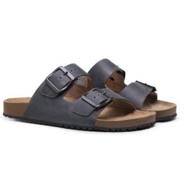 Imagem de Sandália Papete Feminino Masculino Couro Rasteira Sola Macia Fivela Mo