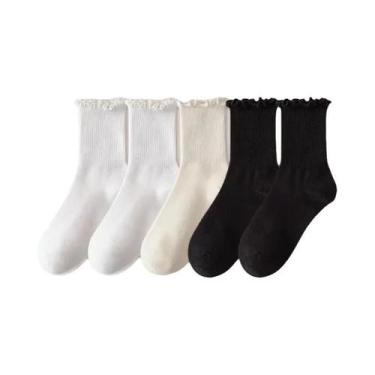 Imagem de Meias Femininas Com Babados Na Altura Do Tornozelo, 5 Pares, Preto E B
