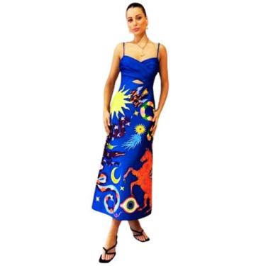 Imagem de Vestido Longo de Seda Azul Olho Grego Feminino - LNS, M, Azul