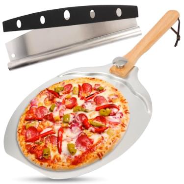 Imagem de Conjunto de casca de pizza de alumínio de 30,5 x 35,5 cm - Pá de pizza profissional e espátula de pizza com cabo de madeira dobrável e cortador basculante compatível com Ninja/ooni, acessórios
