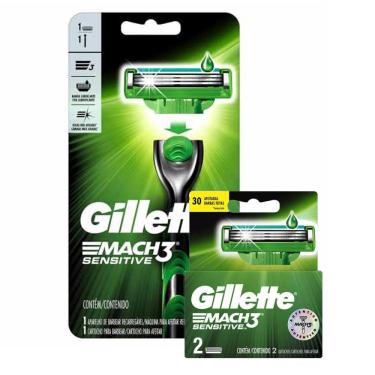 Imagem de Kit Aparelho de Barbear Gillette Mach3 Sensitive + Carga Gillette Mach3 Sensitive com 2 unidades
