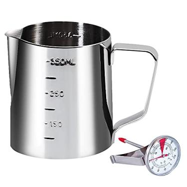 Imagem de Copo para jarra de leite de café com medida interna conjunto de termômetro de aço inoxidável espresso para jarra de vapor para máquinas de cappuccino Espresso Pitcher Latte Art........., metal color, 12 OZ