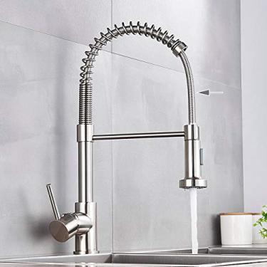 Imagem de Torneira de cozinha de níquel escovado pull down torneira misturadora de água de cozinha rotação de 360 ​​graus torneiras de pia de cozinha torneira de água quente e fria, níquel, mangueira cinza, China