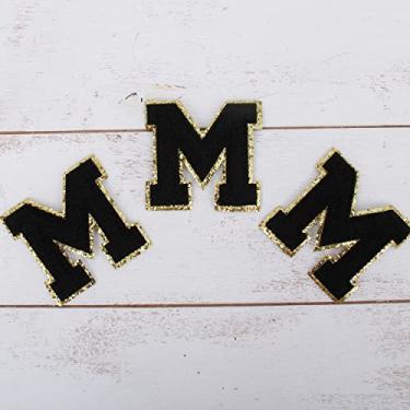 Imagem de Pacote com 3 adesivos universitários Chenille Iron On Glitter com 8 cm de altura - Tecido de chenille preto com acabamento em glitter dourado - Costurar ou passar a ferro - 8 cm preto M