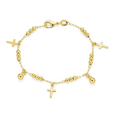 Imagem de Pulseira multicruz cristã religiosa com contas espirituais pingente pingente multicruz para mulheres adolescentes latão banhado a ouro 18 K 19 cm, Metal, Outro