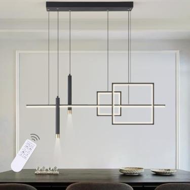 Imagem de ORANOOR Iluminação de lustre de LED moderna, luminária pendente preta linear regulável com quadrados, luminária suspensa para sala de jantar de 99 cm, luminária pendente de ilha de cozinha para bar de