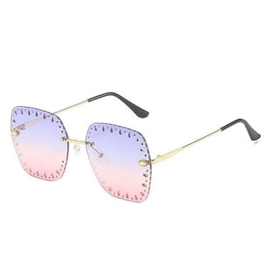 Imagem de Óculos de sol quadrados grandes sem aro, armação grande, sem moldura, oco, para mulheres, vintage, azul, rosa, com caixa