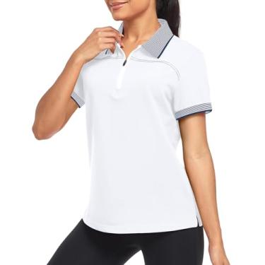 Imagem de Little Beauty Camisa polo feminina de golfe com zíper de manga curta atlética com absorção de umidade e gola polo com zíper, Branco, P