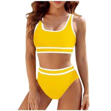 Imagem de Lainuyoah Conjunto de biquíni feminino de cintura alta, conjunto de biquíni de 2 peças, cores contrastantes, atrevidos, de corte alto, A - amarelo, M