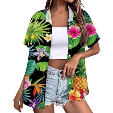 Imagem de Camiseta feminina havaiana com estampa floral tropical de verão manga curta abotoada lapela túnica casual, Preto, M