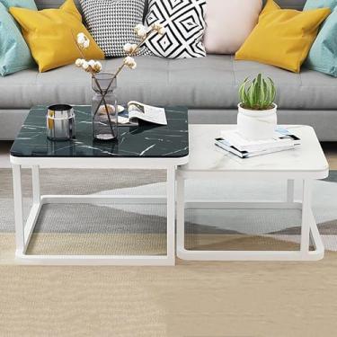 Imagem de Conjunto de mesa de centro aninhada com 2 mesas laterais empilháveis, tampo de mesa de vidro temperado liso com efeito de mármore para sala de estar, mesas de sofá de metal, moldura branca,