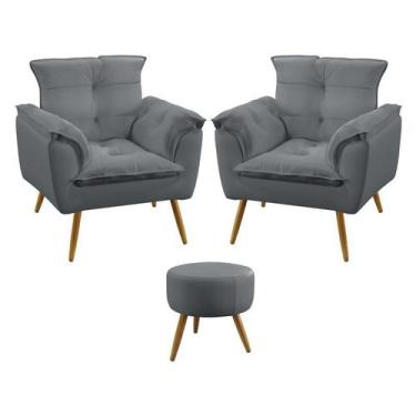 Imagem de Kit 2 Poltronas Decorativas Estofada Opala e Puff Solar Sued Cinza Ara