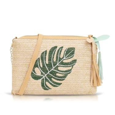 Imagem de Bolsas clutch para mulheres, bolsa de palha, pacote envelope de couro costurado à mão boêmio, bolsa transversal para férias na praia, viagens, combinação diária (folha verde), Caqui, One Size