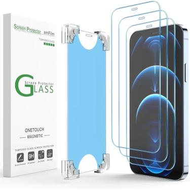 Imagem de amFilm Pacote com 3 películas magnéticas OneTouch compatíveis com iPhone 12 Pro Max 6,7 polegadas, acessórios de vidro temperado, kit de instalação premium mais fácil 9H, compatível com capas