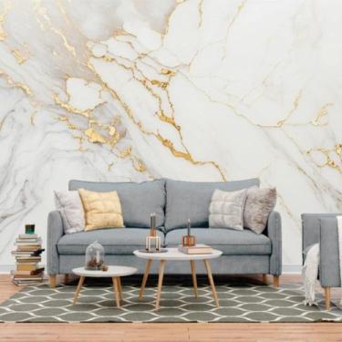 Imagem de Papel de Parede Painel 3D Mármore Branco com Ouro Auto Colante Lavável