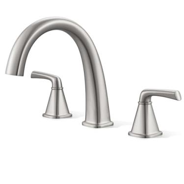 Imagem de Torneira de banheira romana de níquel escovado, conjunto de torneira de banheira de latão sólido com válvula, torneiras de banheira de montagem em deck generalizadas com 2 alças, 3 furos, conjunto de