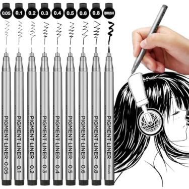 Imagem de YUANCHENG Canetas de microlinha de precisão, conjunto de 9 canetas de tinta fina preta mícron, tinta de arquivo impermeável, multiliner, esboço, anime, ilustração de artista, desenho técnico, arte em