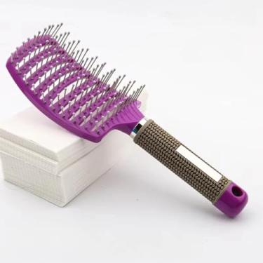 Imagem de Pente para cabelo molhado e cacheado, escova desembaraçadora para massagem no couro cabeludo feminino, pente fofo para salão de cabeleireiro, ferramentas de modelagem (roxo - sem cerdas)