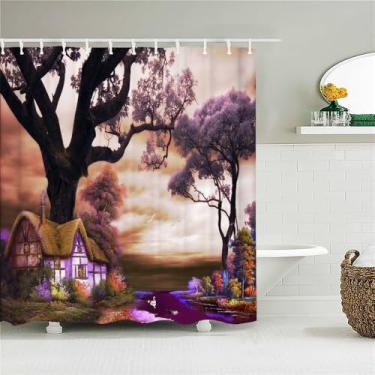 Imagem de Cortina de chuveiro de floresta decoração tecido cortinas de banheiro pintura a óleo paisagem tela de banho com 12 ganchos, JK4479, L90 x A180 cm