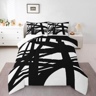 Imagem de Conjunto de edredom abstrato, tamanho casal, para meninos e meninas, preto e branco, ultramacio, geométrico, listrado, moderno, respirável, macio e leve de microfibra