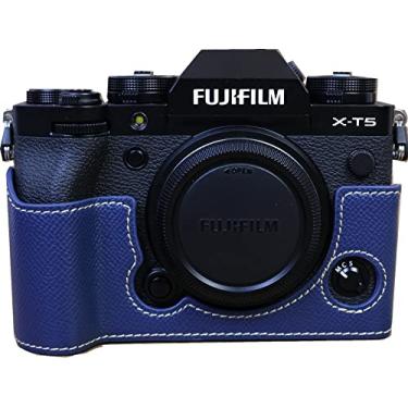 Imagem de Capa para X-T5, BolinUS feita à mão couro PU meia câmera capa capa abertura inferior versão para Fujifilm Fuji X-T5 XT5 com alça de mão (azul)