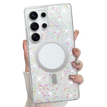 Imagem de Bonoma Capa para Samsung Galaxy S25 Ultra, parte traseira brilhante com glitter, suporte magnético para capa à prova de choque MagSafe, proteção de alta qualidade transparente para capa de telefone