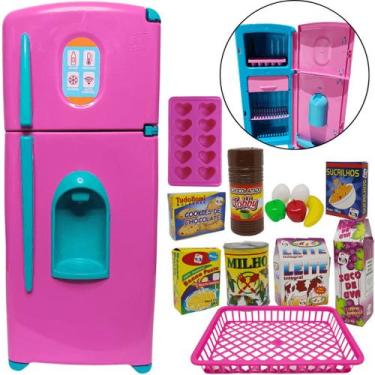 Imagem de Kit Mini Geladeira Duplex + Comidinhas 14pcs Rosa Cozinha de Brinquedo