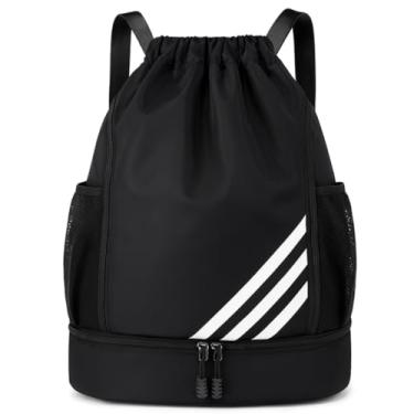 Imagem de Mochila Esportiva com Cordão Espaçosa Bolsa 4 Bolsos Ideal para Esportes Chuteira Bolas Academia Material Impermeável Separação Roupas Secas e Molhadas Unissex (Preta)