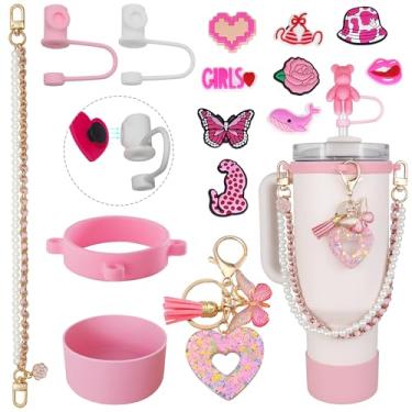 Imagem de DiamondArtZone Conjunto de acessórios de copo para copo Stanley de 850 g e 1,134 g, cordão de alça à prova de queda de garrafa de água, pingentes de bota Stanley Bow Straw Cover Topper, presente para