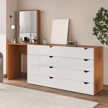 Imagem de Cômoda Porto 8 Gavetas com Espelho Branco/Freijó - Politorno, Marrom C