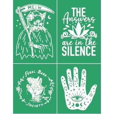 Imagem de Estêncil autoadesivo de tela de seda para gatos Grim Reaper, estêncil de impressão de tela de gatinho de humor para artesanato, ioga, giz, transferências, estêncil reutilizável para pintura em