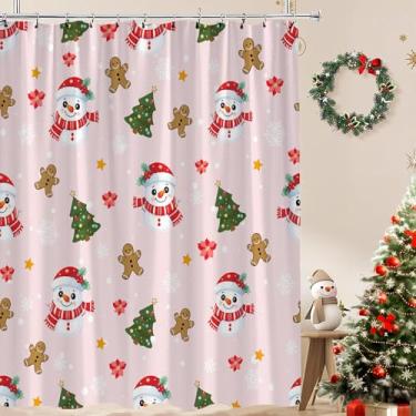 Imagem de Cortina de chuveiro de Natal boneco de neve fofo desenho animado rosa floco de neve bola de Natal Natal feriado ano novo conjunto de cortina de banho de tecido com gancho